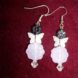 Rose quartz flowers /silver butterflies  earrings HAndmade in USA
